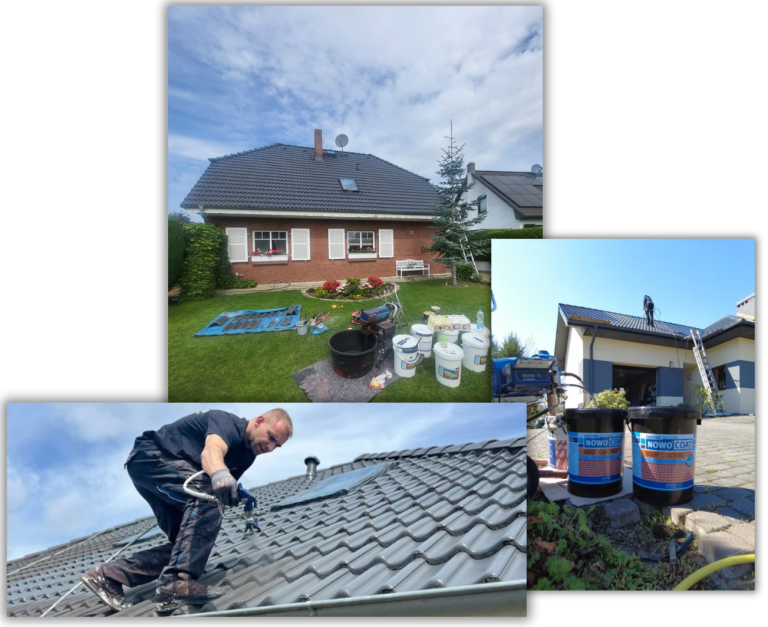 Dachreiniger und Dachbeschichter bei der Arbeit auf einem Hausdach, Garten mit Werkzeugen und Eimern im Hintergrund.
