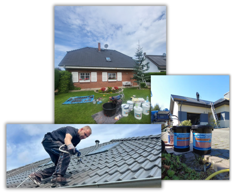 Dachreiniger und Dachbeschichter bei der Arbeit auf einem Hausdach, Garten mit Werkzeugen und Eimern im Hintergrund.